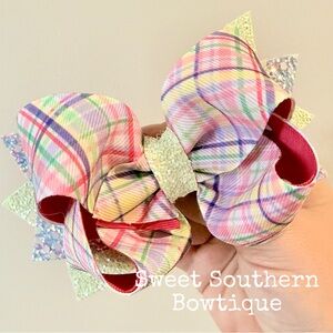 Pink Purple Green Plaid Boutique Hair Bow With Glitter Tails